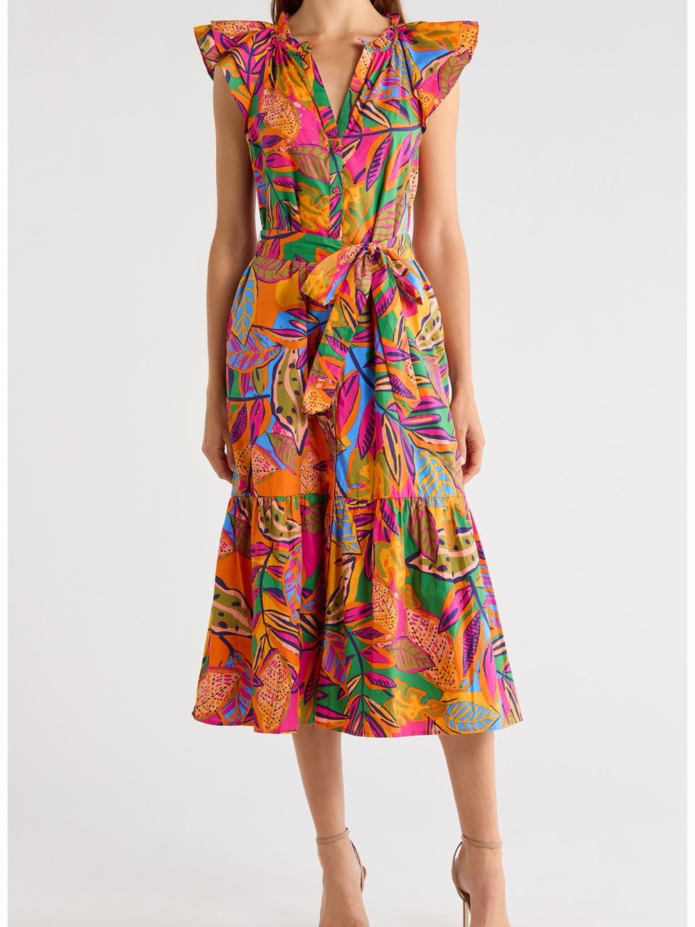 Sugarlips Tropical Wrap Midi Dress - Pink & Orange & Green